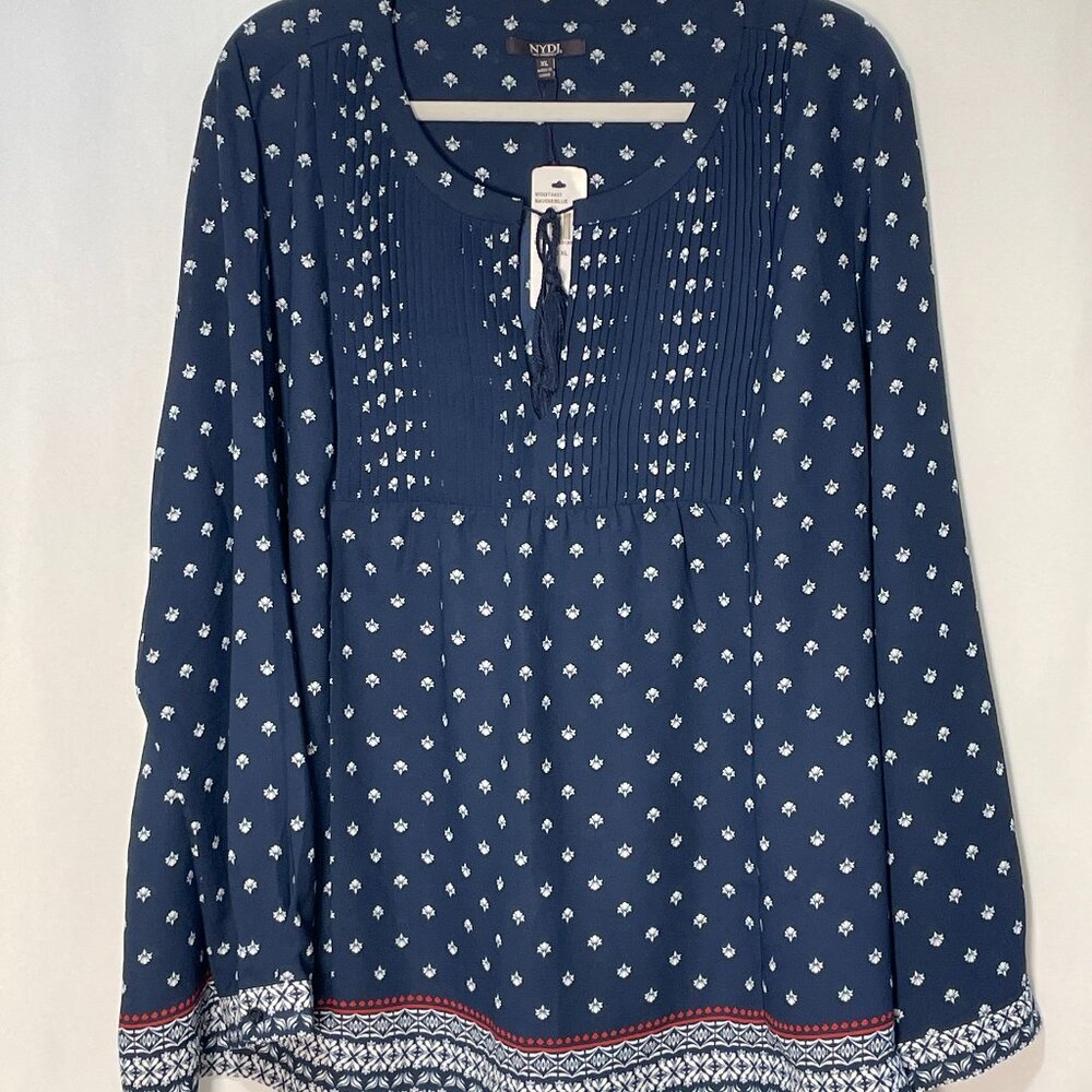 (NWT) NYDJ Pleated Blouse, Navy/White/Red - XL